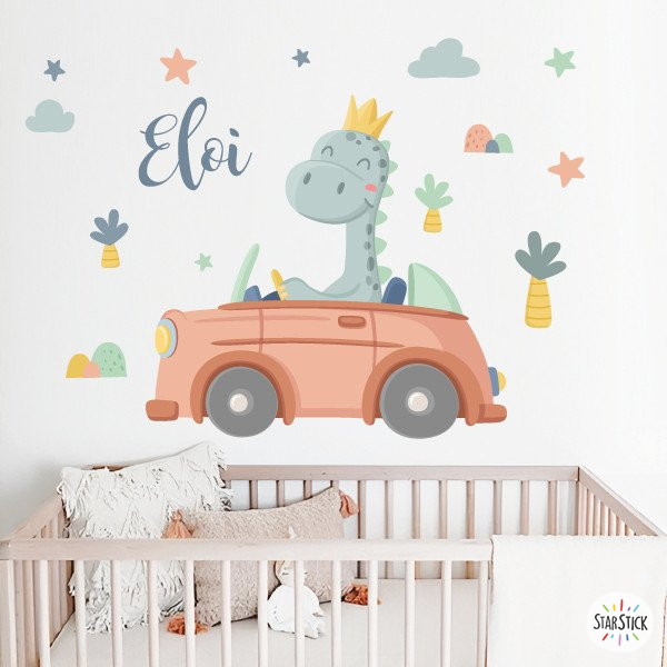 Vinilos infantiles Coche con dinosaurio - Decoración para habitaciones de bebé dino