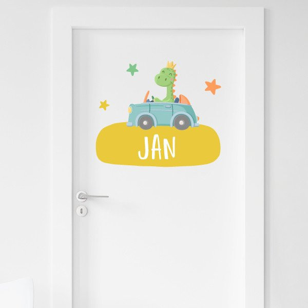 Children's sticker with name - Car with dinosaur - Personalized decoration for baby