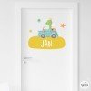 Children's sticker with name - Car with dinosaur - Personalized decoration for baby