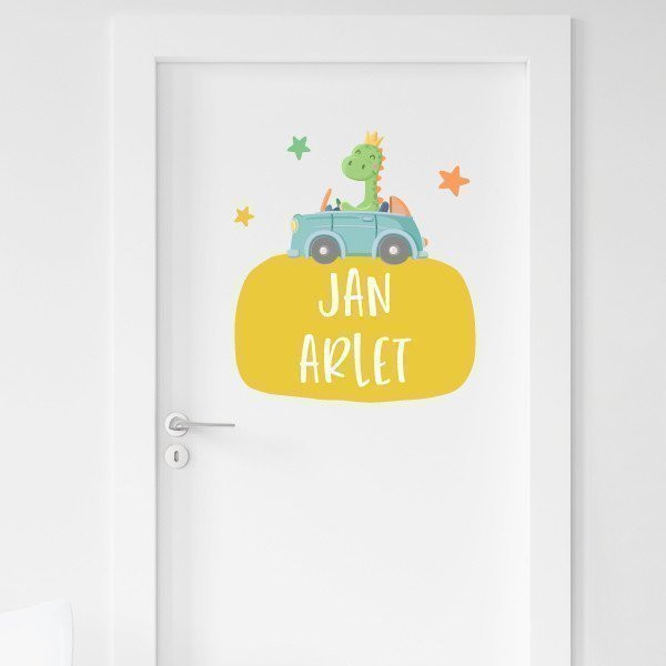 Children's sticker with name - Car with dinosaur - Personalized decoration for baby