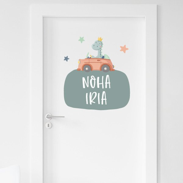 Children's sticker with name - Car with dinosaur - Personalized decoration for baby