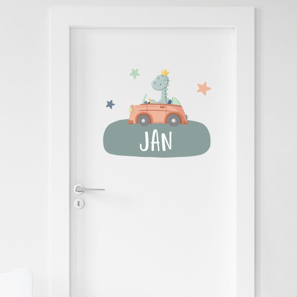 Children's sticker with name - Car with dinosaur - Personalized decoration for baby