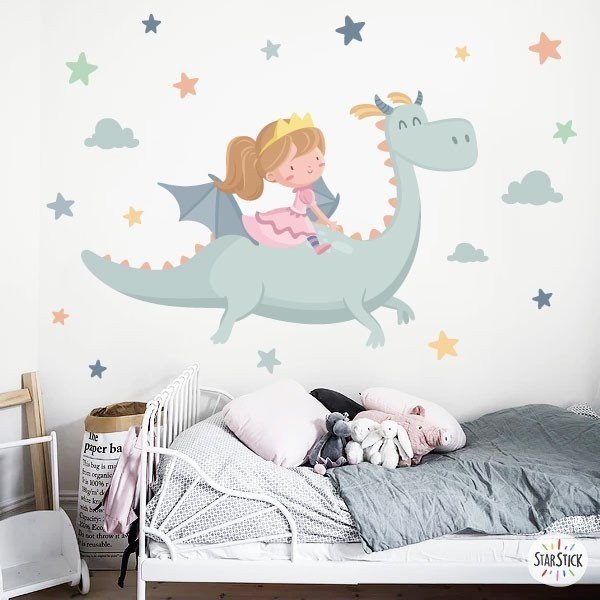Vinilos de pared para niñas - Pequeña princesa y dragón - Decoración infantil StarStick