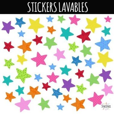 Étoiles colorées Party - Stickers lavables Mini stickers polyvalents Sticker résistant et lavable. 

Taille de la feuille:  30x30 cm
50 Etoiles: 2x1,5 cm, 2x2 cm et 4x4 cm vinilos infantiles y bebé Starstick