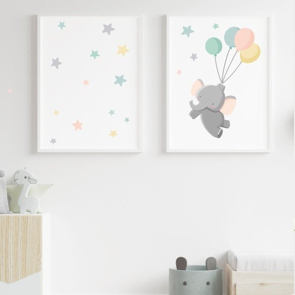 2 tableaux pour enfants. Éléphant avec des ballons. Décoration pour enfants.