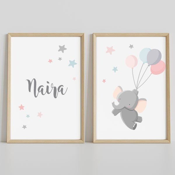 Pack de 2 cuadros infantiles Elefante con globos. Decoración infantil