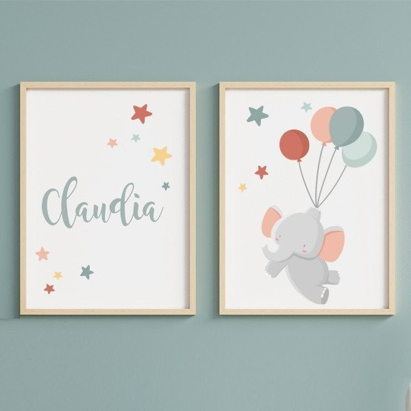 2 tableaux pour enfants. Éléphant avec des ballons. Décoration pour enfants.