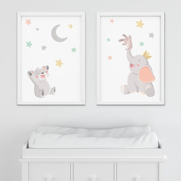 Pack de 2 quadres infantils - Animals tocant la lluna - Decoració infantil