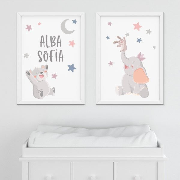 Pack de 2 quadres infantils - Animals tocant la lluna - Decoració infantil