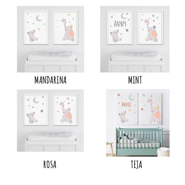 Pack de 2 quadres infantils - Animals tocant la lluna - Decoració infantil