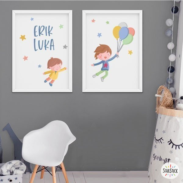 Hermanos con globos. Cuadros para decorar habitaciones infantiles