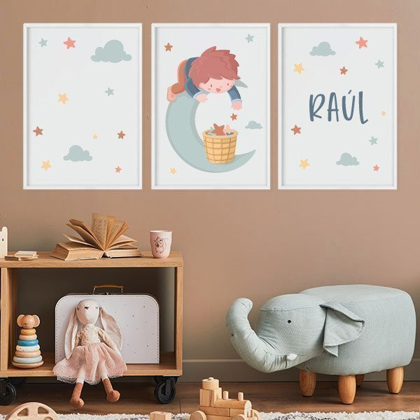 3 cuadros infantiles personalizables. Niño en la luna. Decoración infantil