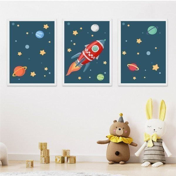 Pack of 3 children's prints - Rocket in space - Blue