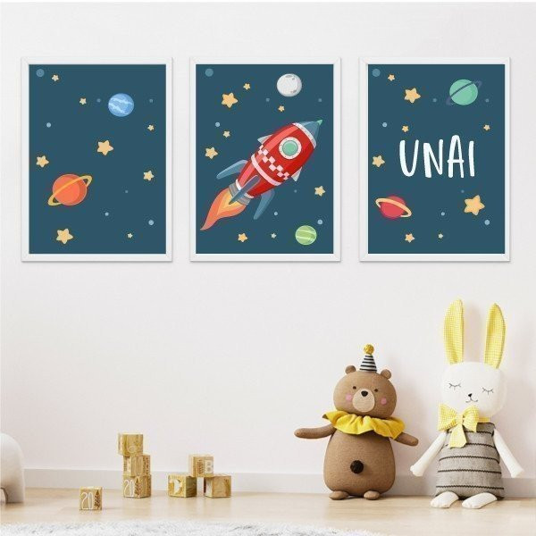 Pack of 3 children's prints - Rocket in space - Blue
