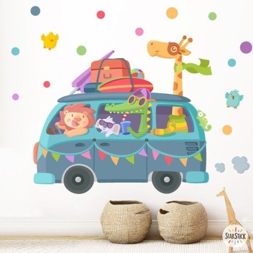 Vinil infantil furgoneta camper amb animals – Vinil decoratiu d’aventura per paret d’habitació infan
