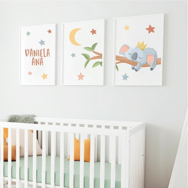 Pack of 3 Children's Paintings - Koala Sleeping on the Branch - Customizable Decoration for Babies