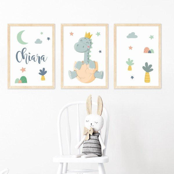 Pack de 3 affiches pour enfants - Bébé dinosaure - Décoration personnalisable pour bébé
