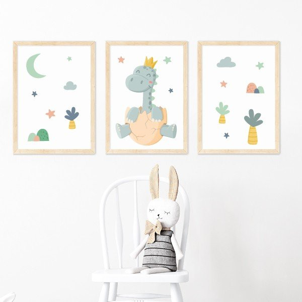 Pack de 3 affiches pour enfants - Bébé dinosaure - Décoration personnalisable pour bébé