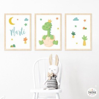 Pack of 3 Children's posters - Baby dinosaur - Customizable Decoration for Babies