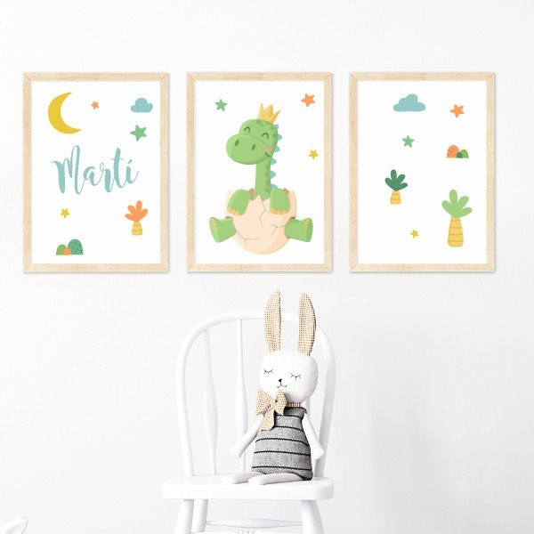Pack de 3 affiches pour enfants - Bébé dinosaure - Décoration personnalisable pour bébé
