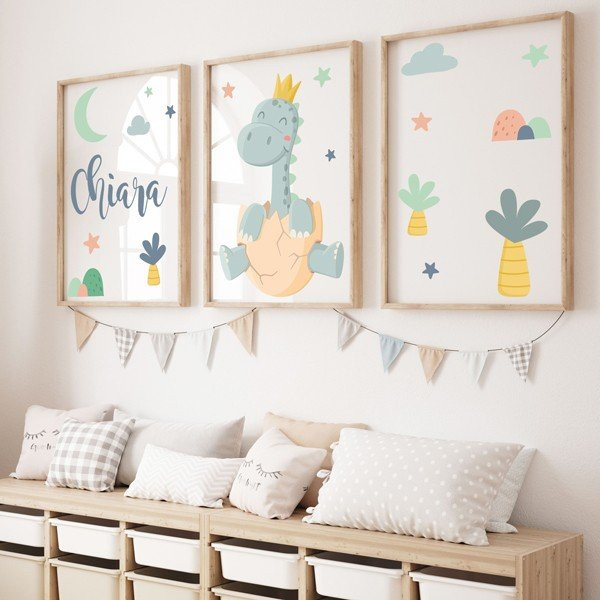 Pack de 3 affiches pour enfants - Bébé dinosaure - Décoration personnalisable pour bébé