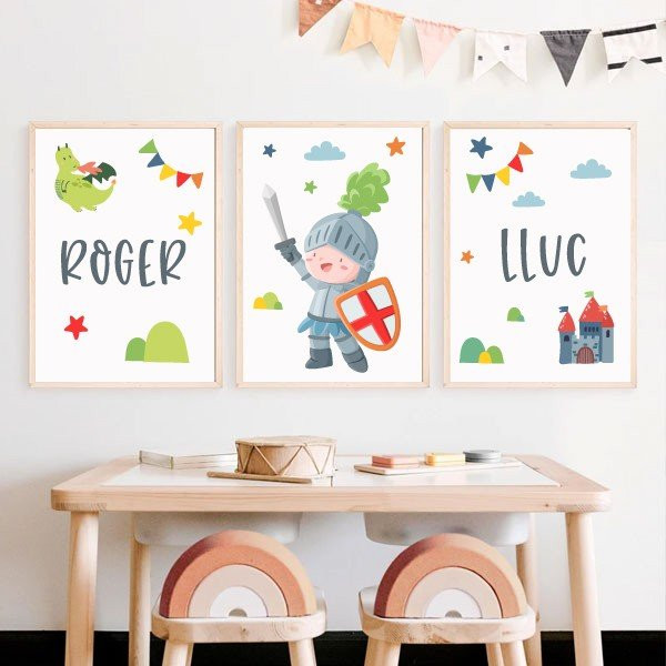 Pack de 3 Cuadros infantiles - Caballero medieval - Decoración para niñas