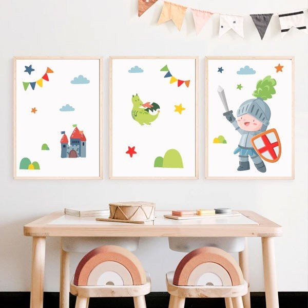 Pack de 3 Cuadros infantiles - Caballero medieval - Decoración para niñas