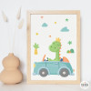 Personalized kids’ print – Dinosaur in a car | Baby room wall decor