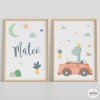 Pack with 2 children's posters - Car with dinosaur - Decoration for baby