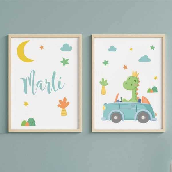 Pack con 2 cuadros infantiles - Coche con dinosaurio - Decoración para bebé