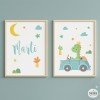 Pack de 2 tableaux pour enfants - Voiture avec dinosaure - Décoration pour bébé
