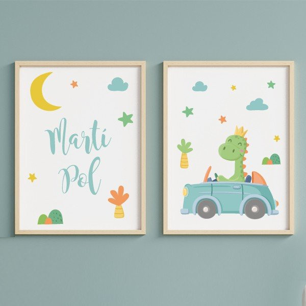 Pack de 2 tableaux pour enfants - Voiture avec dinosaure - Décoration pour bébé