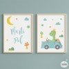 Pack de 2 tableaux pour enfants - Voiture avec dinosaure - Décoration pour bébé