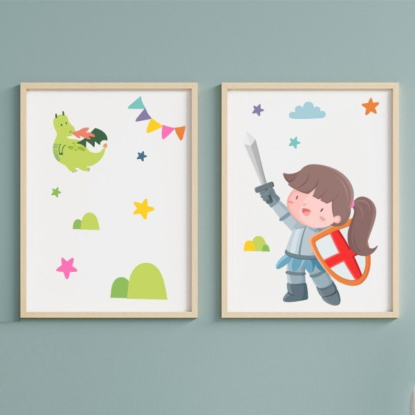 Tableaux enfants personnalisables. Chevaleresse médiévale. Décoration enfantine