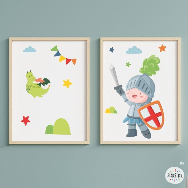 Pack con 2 cuadros infantiles - Caballero medieval - Decoración habitaciones de niños
