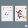 Bruixa voladora. Pack de 2 làmines infantils personalitzables amb el nom