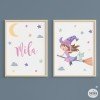 Bruixa voladora. Pack de 2 làmines infantils personalitzables amb el nom