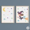 Bruixa voladora. Pack de 2 làmines infantils personalitzables amb el nom