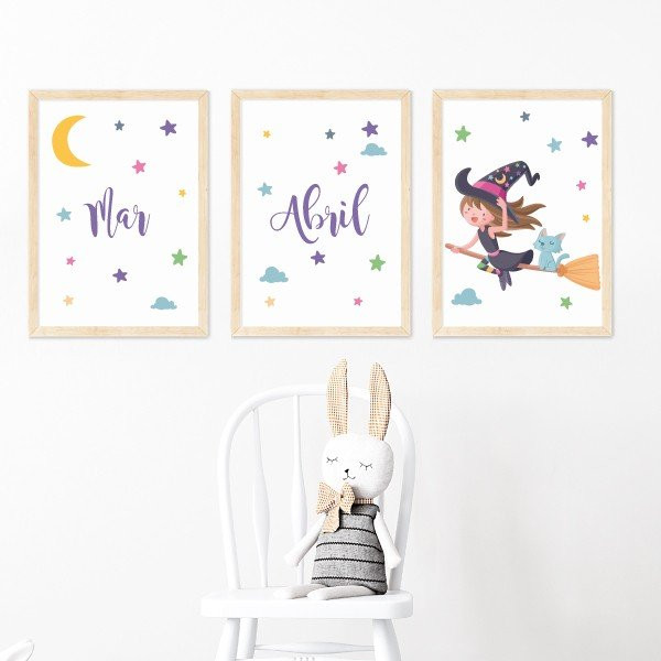 Pack of 3 customizable children's paintings - Flying witch