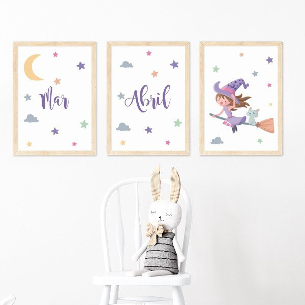 Pack of 3 customizable children's paintings - Flying witch