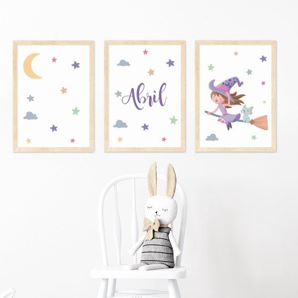 Pack of 3 customizable children's paintings - Flying witch