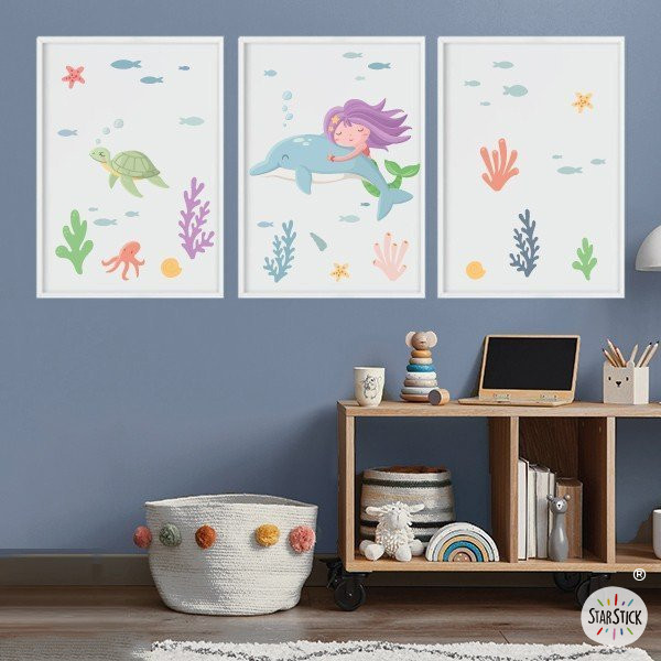 Pack of 3 customizable children's paintings - Mermaid with dolphin