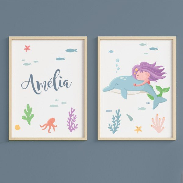 Pack de 2 tableaux - Sirène avec dauphin - Décoration chambre fille