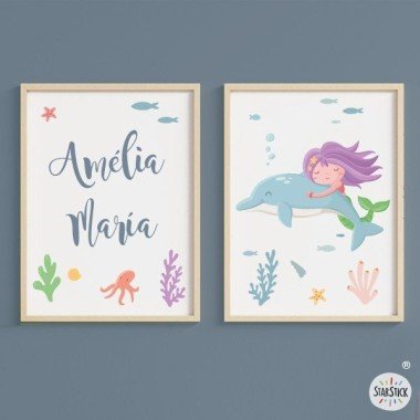 Pack con 2 cuadros - Sirena con delfín - Decoración habitaciones de niñas