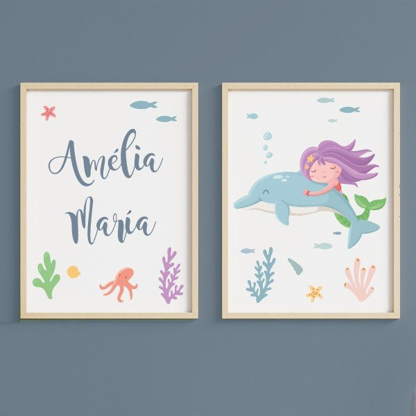 Pack with 2 framing prints - Mermaid with dolphin - Girls' room decoration