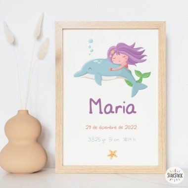 Natalicio - Sirena con delfín - Cuadro personalizado para bebé