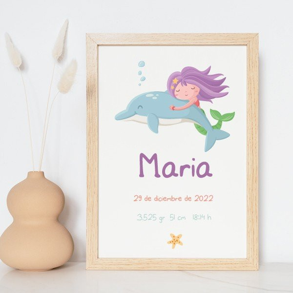 Tableau de naissance pour bébé - Sirène avec dauphin