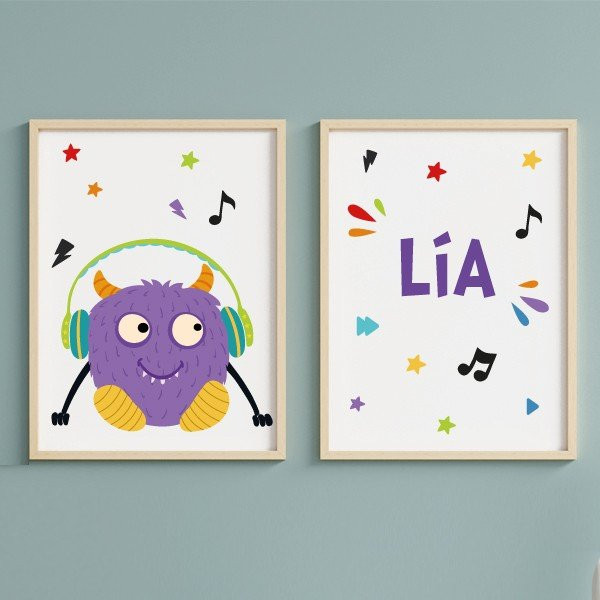 Pack con 2 láminas - Big monster Music Lila - Decoración habitaciones juveniles