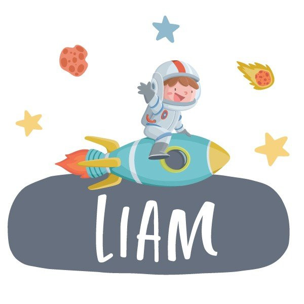 Sticker enfant avec nom - Garçon avec fusée - Décoration enfant personnalisée