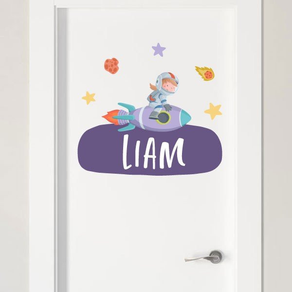 Vinilos infantiles con nombre - Niña con cohete - Decoración infantil personalizada